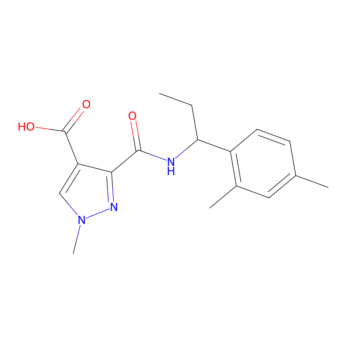 3-((1-(2,4-dimethylphenyl)propyl)carbamoyl)-1-methyl-1H-pyrazole-4-carboxylic acid molecular structure, CAS 1174839-25-8