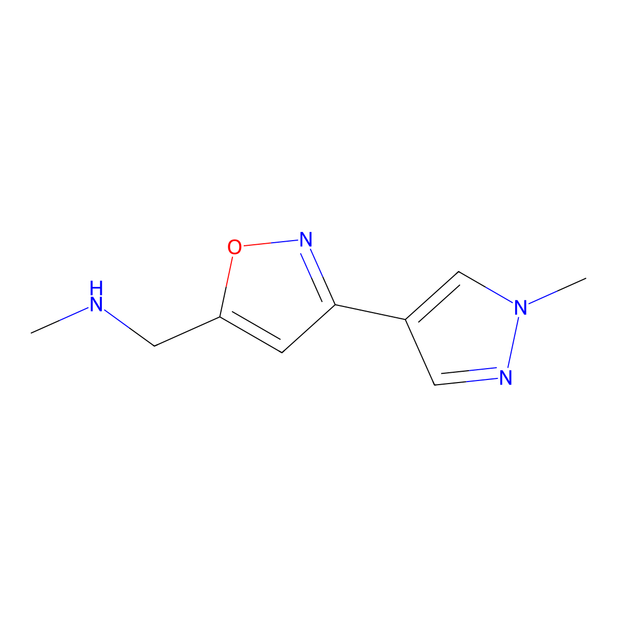 N-Methyl-1-(3-(1-methyl-1H-pyrazol-4-yl)isoxazol-5-yl)methanamine molecular structure, CAS 1174839-45-2
