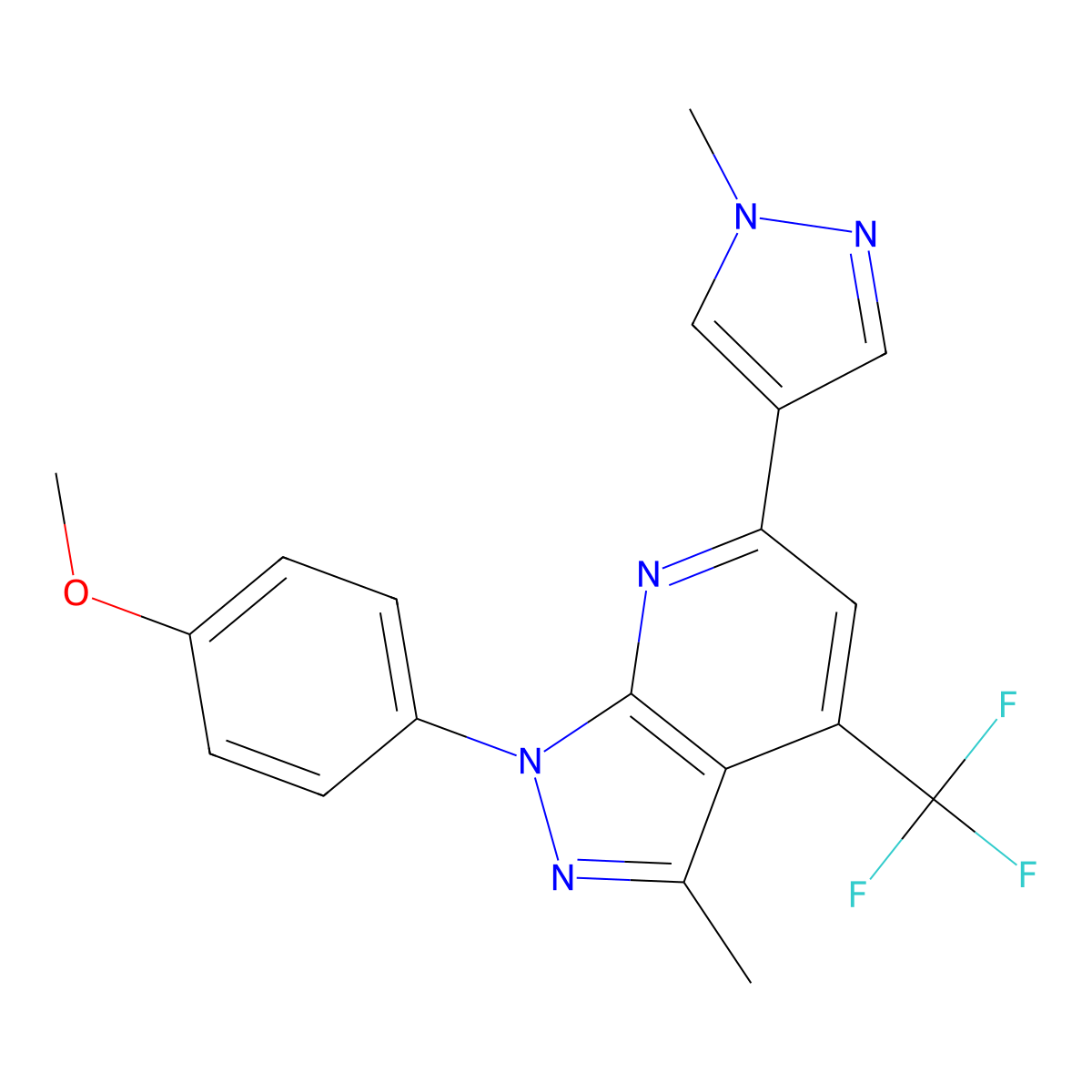 1-(4-methoxyphenyl)-3-methyl-6-(1-methyl-1H-pyrazol-4-yl)-4-(trifluoromethyl)-1H-pyrazolo[3,4-b]pyridine molecular structure, CAS 1174840-10-8