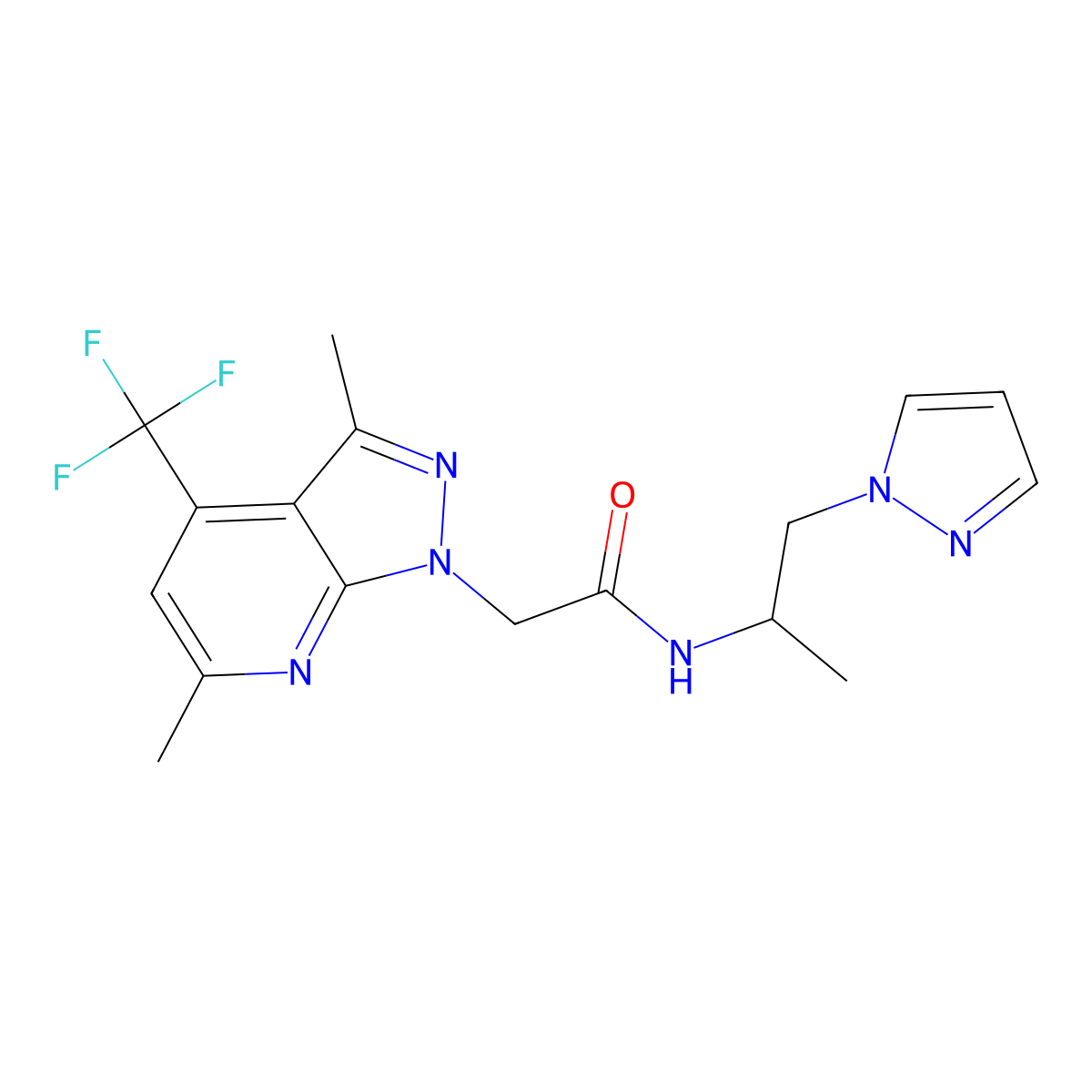 2-[3,6-dimethyl-4-(trifluoromethyl)-1H-pyrazolo[3,4-b]pyridin-1-yl]-N-[1-(1H-pyrazol-1-yl)propan-2-yl]acetamide molecular structure, CAS 1174844-34-8