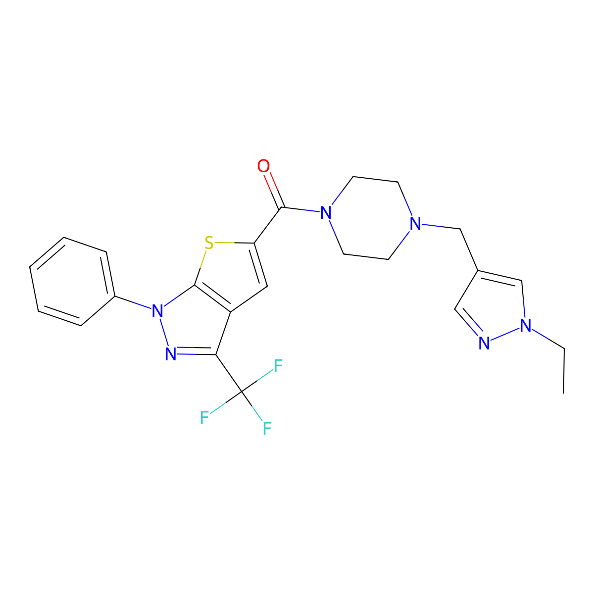 {4-[(1-ethyl-1H-pyrazol-4-yl)methyl]piperazin-1-yl}[1-phenyl-3-(trifluoromethyl)-1H-thieno[2,3-c]pyrazol-5-yl]methanone molecular structure, CAS 1174846-16-2