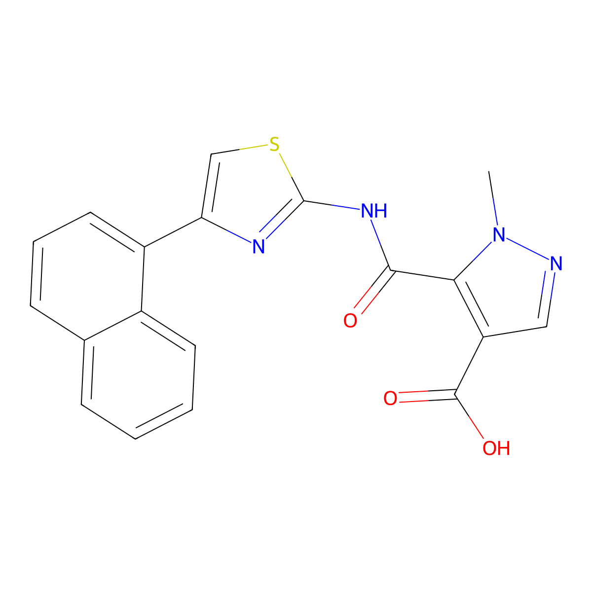 1-methyl-5-{[4-(naphthalen-1-yl)-1,3-thiazol-2-yl]carbamoyl}-1H-pyrazole-4-carboxylic acid molecular structure, CAS 1174849-24-1