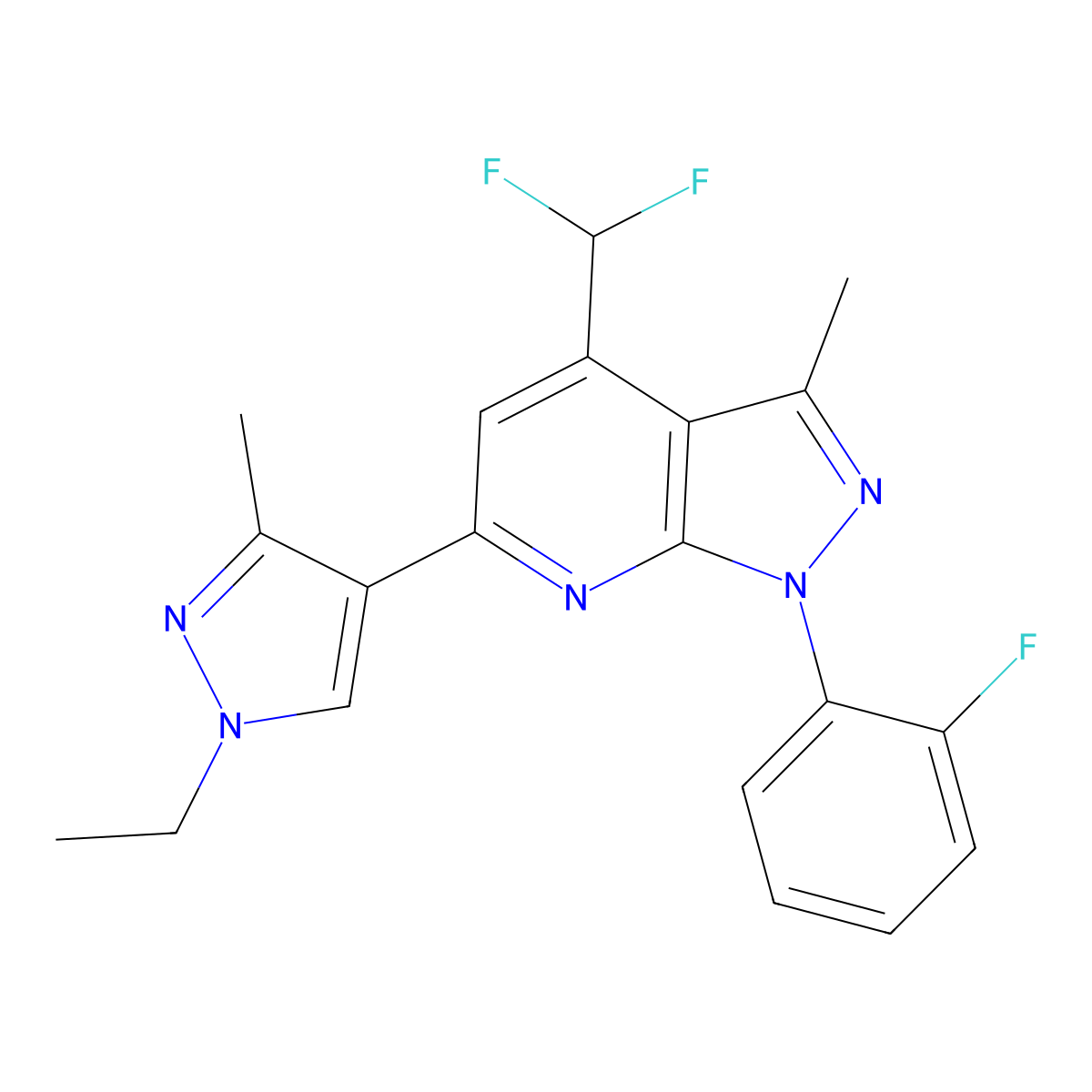 4-(Difluoromethyl)-6-(1-ethyl-3-methyl-1H-pyrazol-4-yl)-1-(2-fluorophenyl)-3-methyl-1H-pyrazolo(3,4-b)pyridine molecular structure, CAS 1174849-54-7