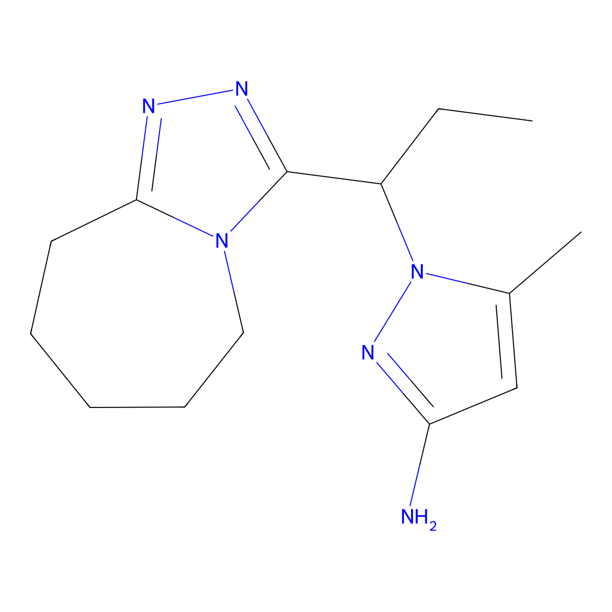 5-Methyl-1-(1-(6,7,8,9-tetrahydro-5H-[1,2,4]triazolo[4,3-a]azepin-3-yl)propyl)-1H-pyrazol-3-amine molecular structure, CAS 1174852-26-6