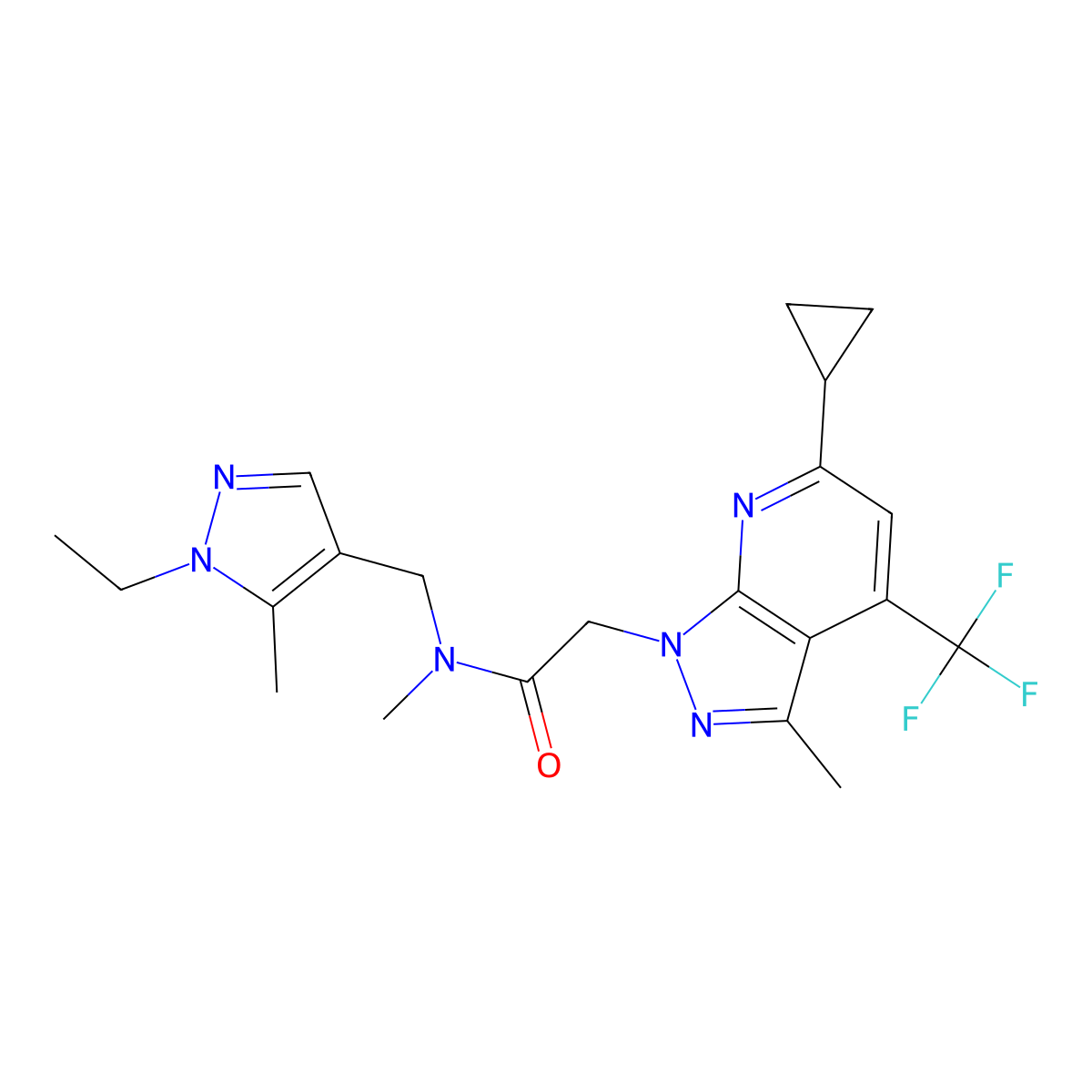 2-[6-cyclopropyl-3-methyl-4-(trifluoromethyl)-1H-pyrazolo[3,4-b]pyridin-1-yl]-N-[(1-ethyl-5-methyl-1H-pyrazol-4-yl)methyl]-N-methylacetamide molecular structure, CAS 1174852-37-9