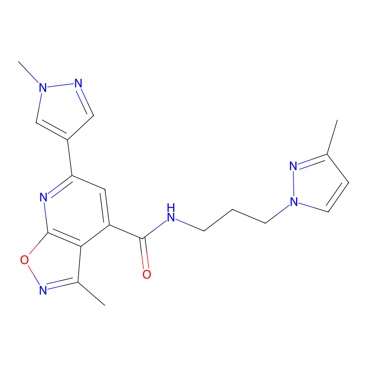 3-Methyl-6-(1-methyl-1H-pyrazol-4-YL)-N~4~-[3-(3-methyl-1H-pyrazol-1-YL)propyl]isoxazolo[5,4-B]pyridine-4-carboxamide molecular structure, CAS 1174852-42-6
