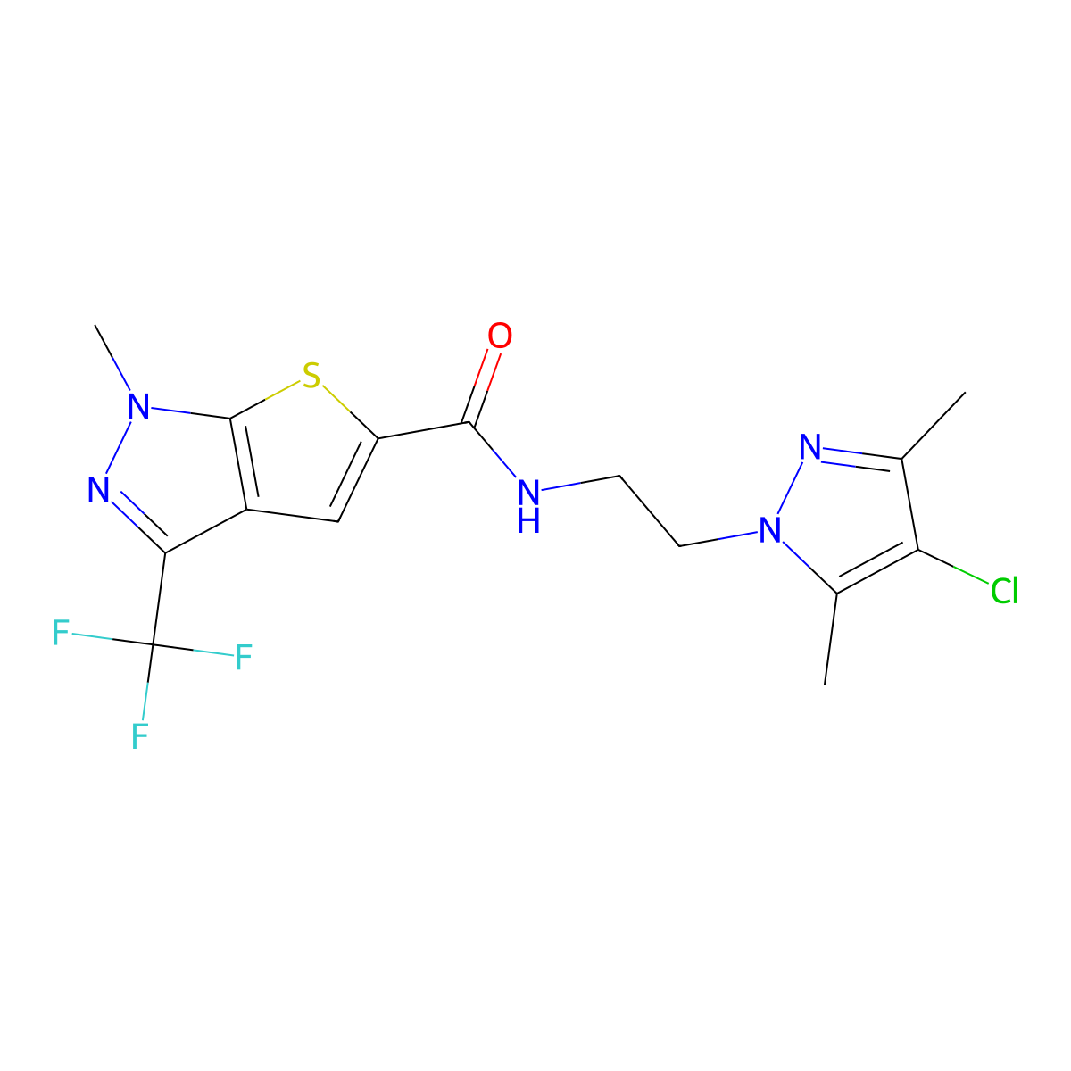 N-[2-(4-chloro-3,5-dimethyl-1H-pyrazol-1-yl)ethyl]-1-methyl-3-(trifluoromethyl)-1H-thieno[2,3-c]pyrazole-5-carboxamide molecular structure, CAS 1174853-26-9