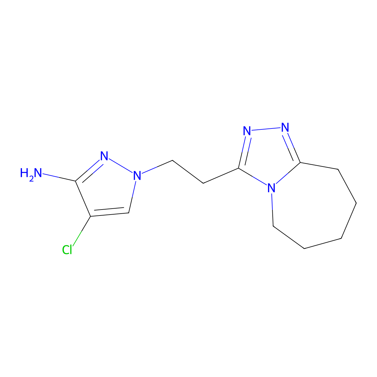 4-chloro-1-[2-(6,7,8,9-tetrahydro-5H-[1,2,4]triazolo[4,3-a]azepin-3-yl)ethyl]-1H-pyrazol-3-amine molecular structure, CAS 1174855-08-3