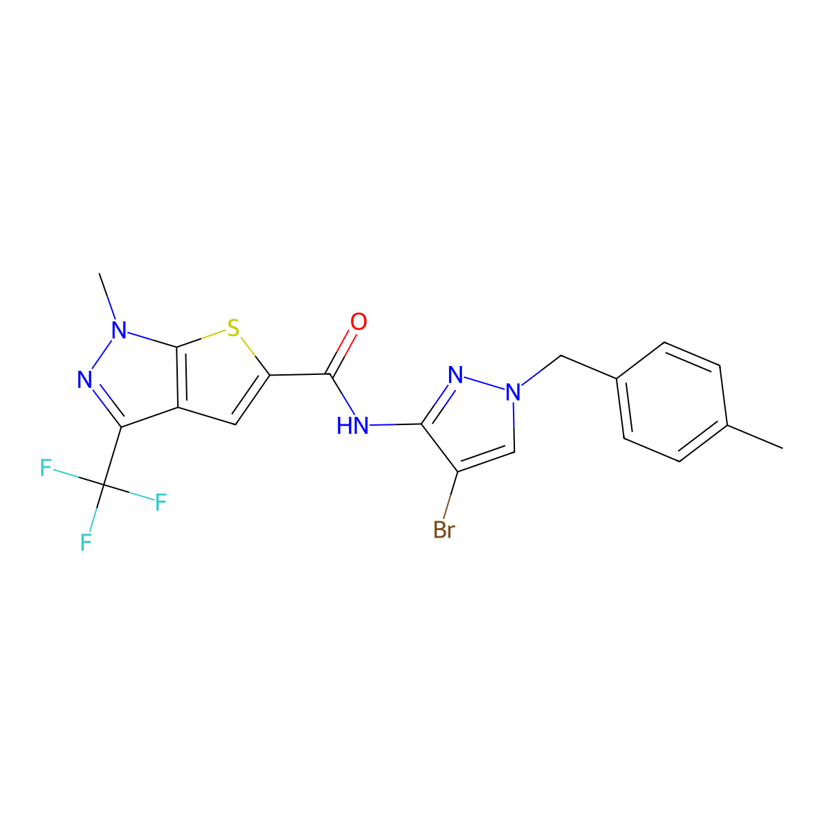N-(4-Bromo-1-((4-methylphenyl)methyl)-1H-pyrazol-3-yl)-1-methyl-3-(trifluoromethyl)-1H-thieno(2,3-c)pyrazole-5-carboxamide molecular structure, CAS 1174857-49-8