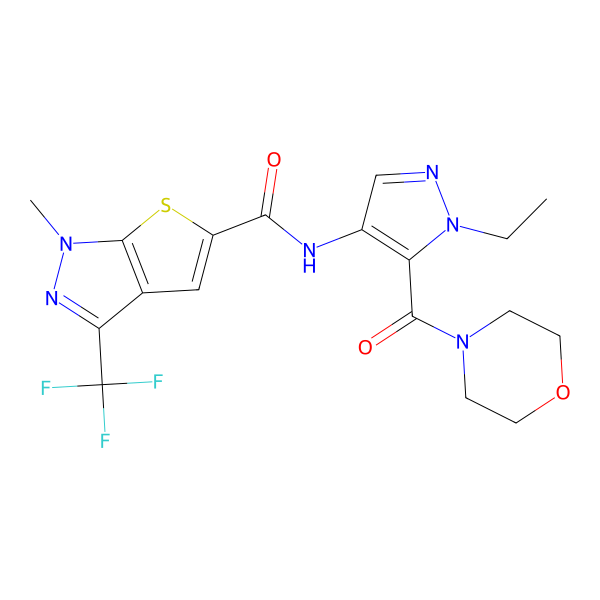 N-[1-ethyl-5-(morpholin-4-ylcarbonyl)-1H-pyrazol-4-yl]-1-methyl-3-(trifluoromethyl)-1H-thieno[2,3-c]pyrazole-5-carboxamide molecular structure, CAS 1174857-73-8