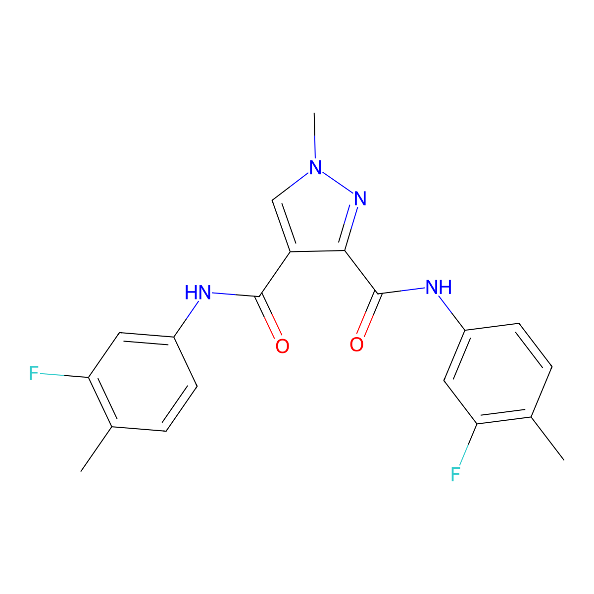 N,N'-bis(3-fluoro-4-methylphenyl)-1-methyl-1H-pyrazole-3,4-dicarboxamide molecular structure, CAS 1174857-75-0