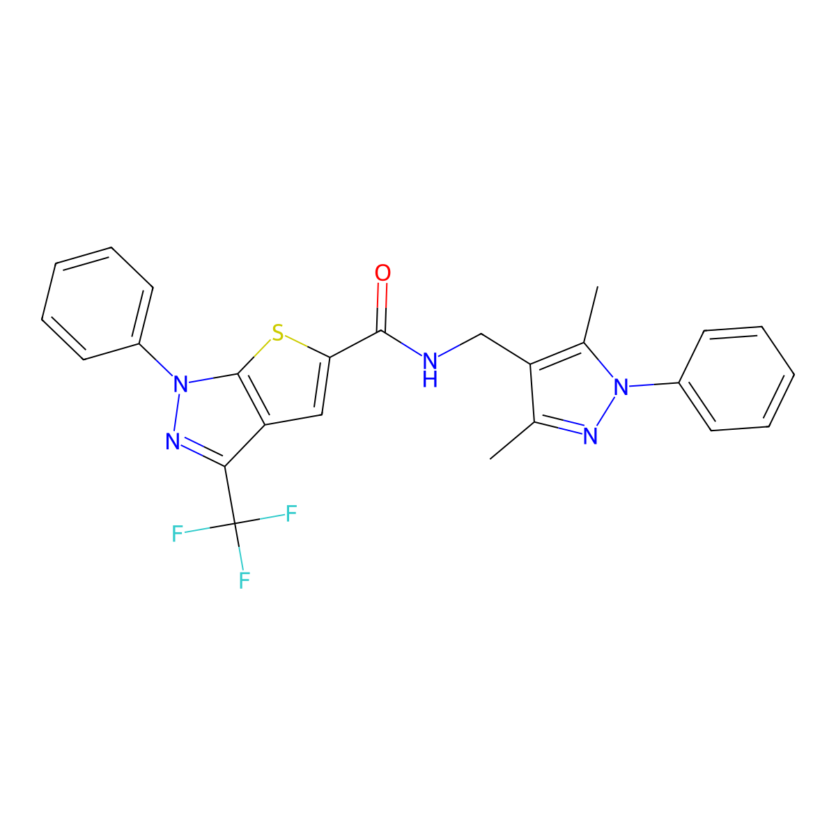 N-[(3,5-dimethyl-1-phenyl-1H-pyrazol-4-yl)methyl]-1-phenyl-3-(trifluoromethyl)-1H-thieno[2,3-c]pyrazole-5-carboxamide molecular structure, CAS 1174861-72-3