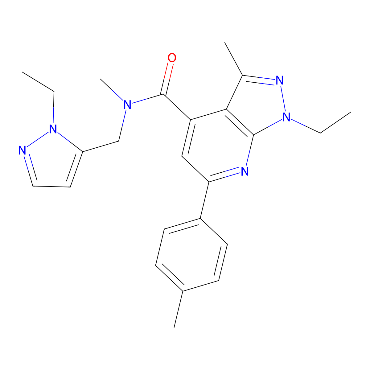 1-ethyl-N-[(1-ethyl-1H-pyrazol-5-yl)methyl]-N,3-dimethyl-6-(4-methylphenyl)-1H-pyrazolo[3,4-b]pyridine-4-carboxamide molecular structure, CAS 1174865-34-9