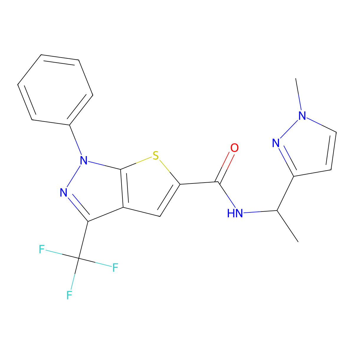 N-[1-(1-methyl-1H-pyrazol-3-yl)ethyl]-1-phenyl-3-(trifluoromethyl)-1H-thieno[2,3-c]pyrazole-5-carboxamide molecular structure, CAS 1174868-16-6