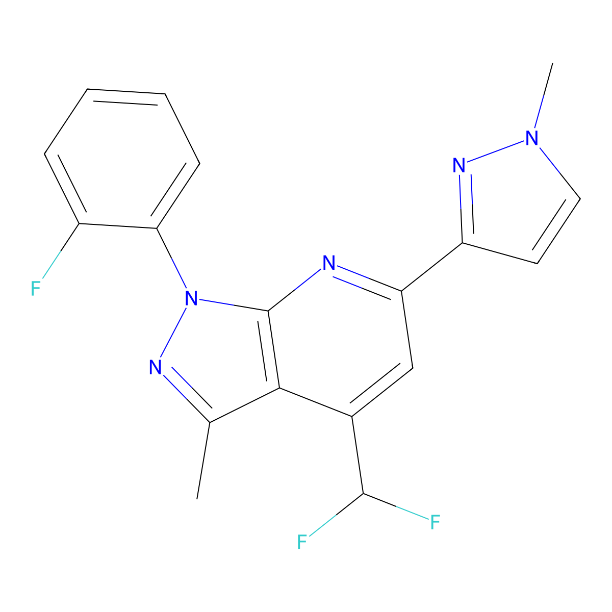 4-(difluoromethyl)-1-(2-fluorophenyl)-3-methyl-6-(1-methyl-1H-pyrazol-3-yl)-1H-pyrazolo[3,4-b]pyridine molecular structure, CAS 1174869-29-4