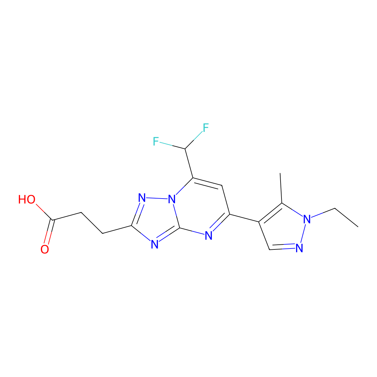 3-(7-(Difluoromethyl)-5-(1-ethyl-5-methyl-1H-pyrazol-4-yl)-[1,2,4]triazolo[1,5-a]pyrimidin-2-yl)propanoic acid molecular structure, CAS 1174869-32-9