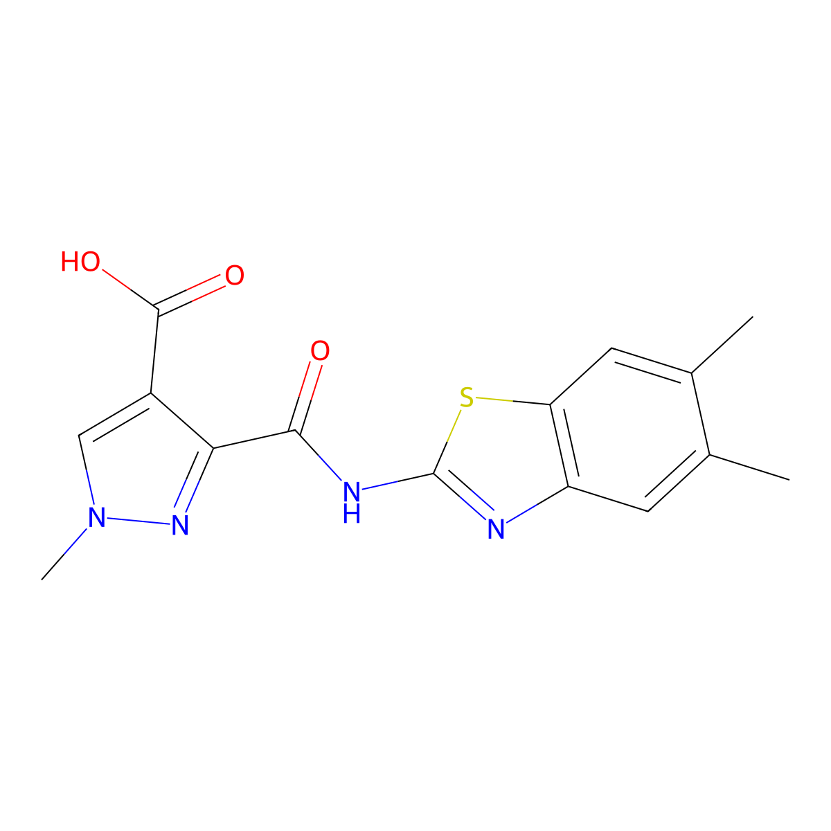 3-[(5,6-dimethyl-1,3-benzothiazol-2-yl)carbamoyl]-1-methyl-1H-pyrazole-4-carboxylic acid molecular structure, CAS 1174875-38-7
