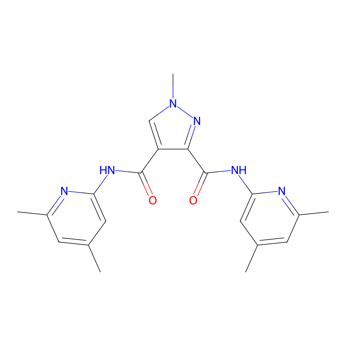 N,N'-bis(4,6-dimethylpyridin-2-yl)-1-methyl-1H-pyrazole-3,4-dicarboxamide molecular structure, CAS 1174875-55-8