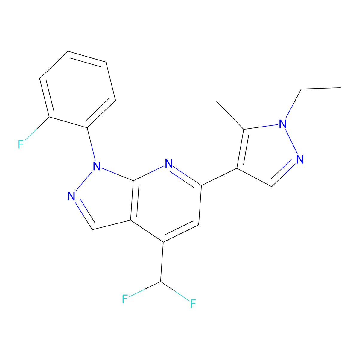 4-(difluoromethyl)-6-(1-ethyl-5-methyl-1H-pyrazol-4-yl)-1-(2-fluorophenyl)-1H-pyrazolo[3,4-b]pyridine molecular structure, CAS 1174876-01-7