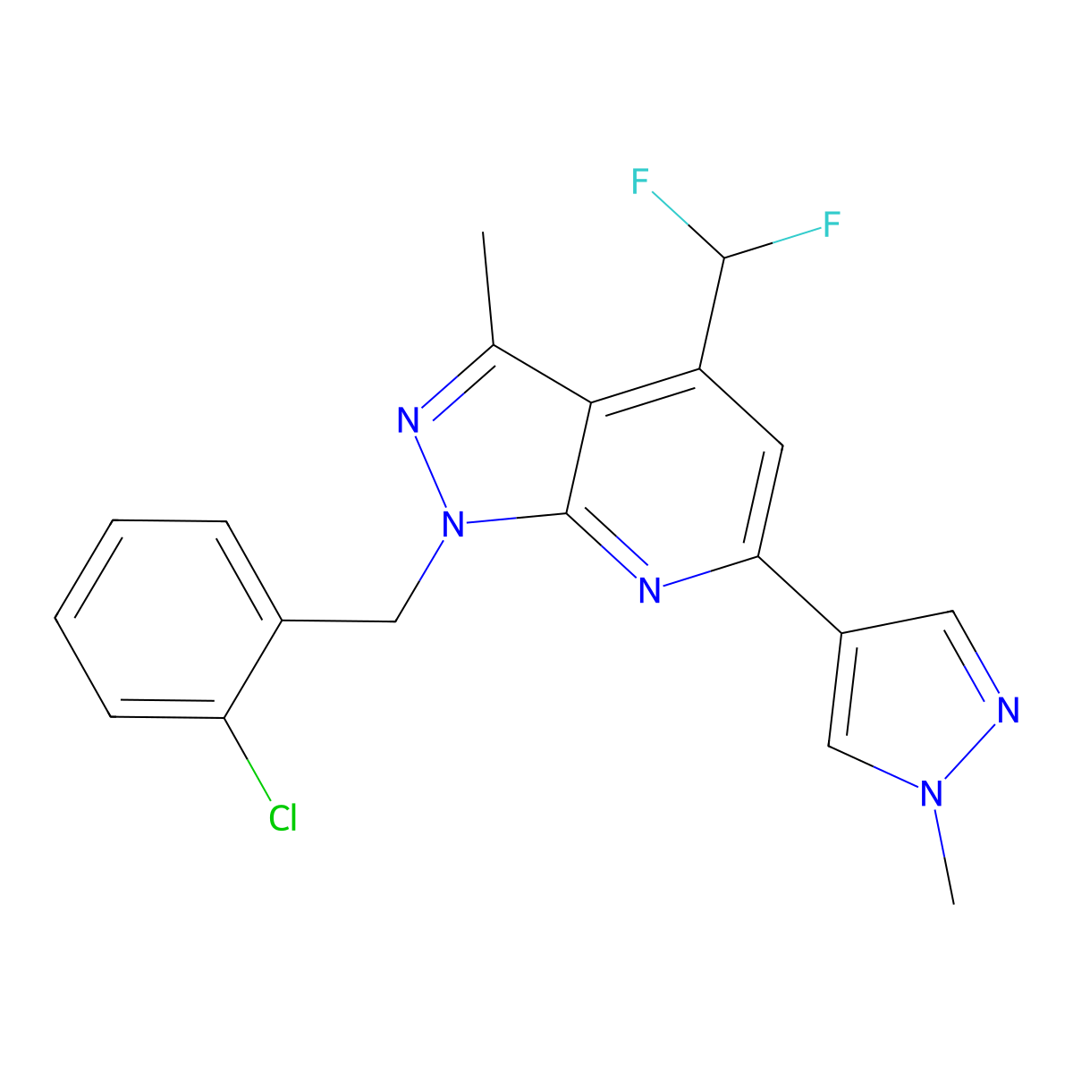 1-(2-chlorobenzyl)-4-(difluoromethyl)-3-methyl-6-(1-methyl-1H-pyrazol-4-yl)-1H-pyrazolo[3,4-b]pyridine molecular structure, CAS 1174877-47-4