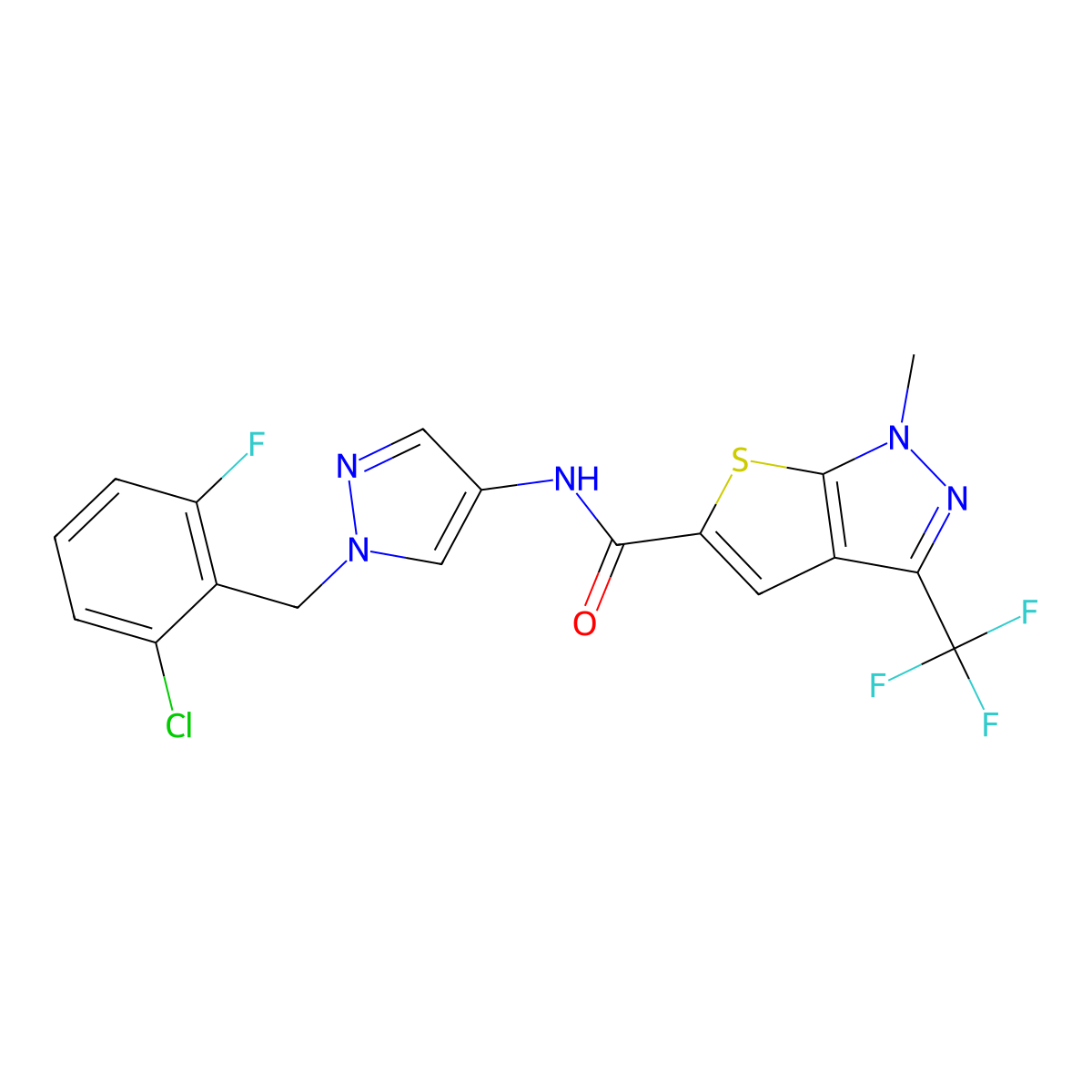 N-(1-((2-Chloro-6-fluorophenyl)methyl)-1H-pyrazol-4-yl)-1-methyl-3-(trifluoromethyl)-1H-thieno(2,3-c)pyrazole-5-carboxamide molecular structure, CAS 1174877-57-6