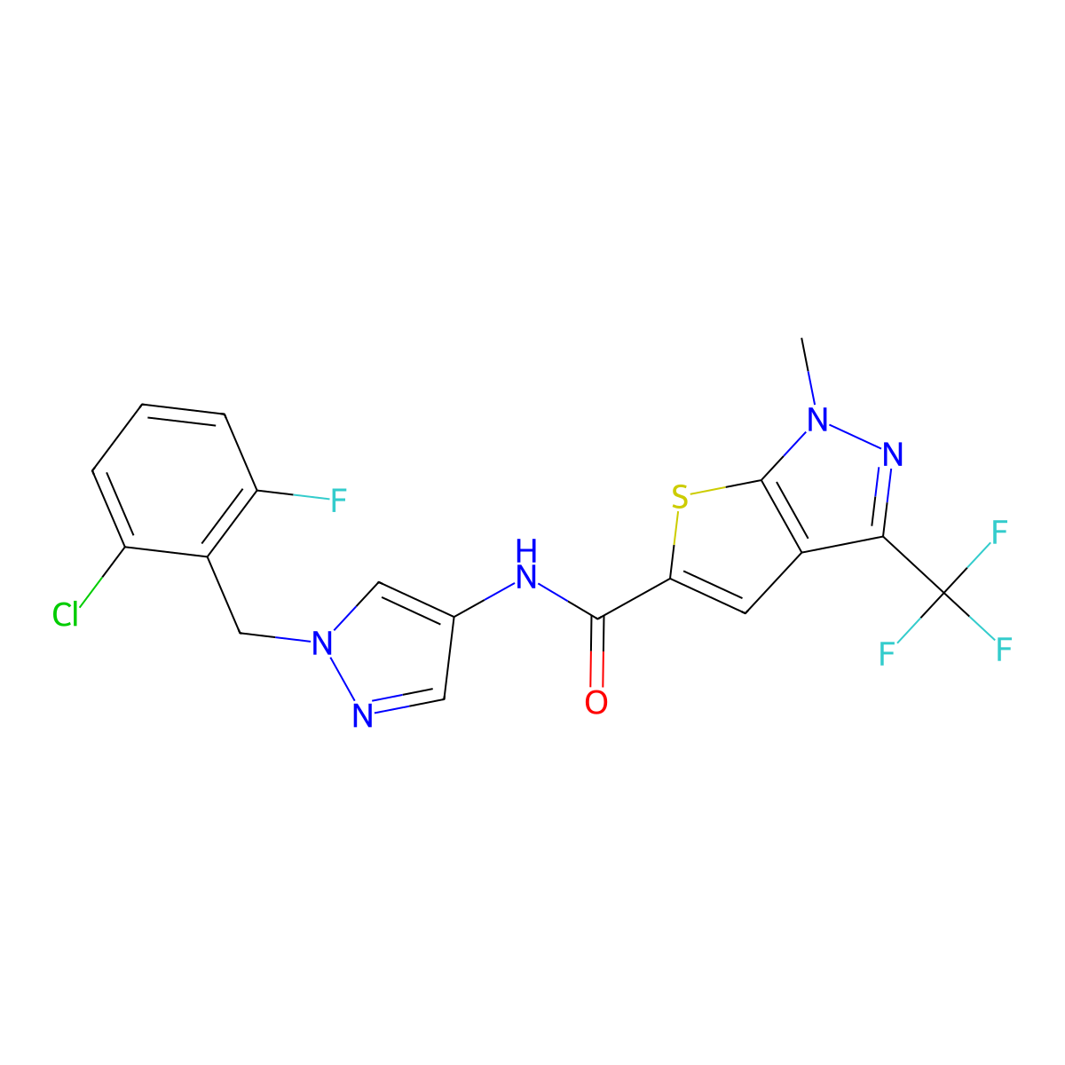 N-(1-((2-Chloro-6-fluorophenyl)methyl)-1H-pyrazol-4-yl)-1-methyl-3-(trifluoromethyl)-1H-thieno(2,3-c)pyrazole-5-carboxamide molecular structure, CAS 1174877-57-6