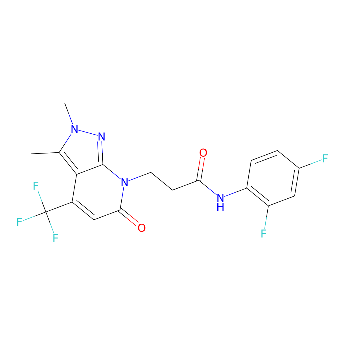N-(2,4-Difluorophenyl)-2,6-dihydro-2,3-dimethyl-6-oxo-4-(trifluoromethyl)-7H-pyrazolo[3,4-b]pyridine-7-propanamide molecular structure, CAS 1174878-18-2