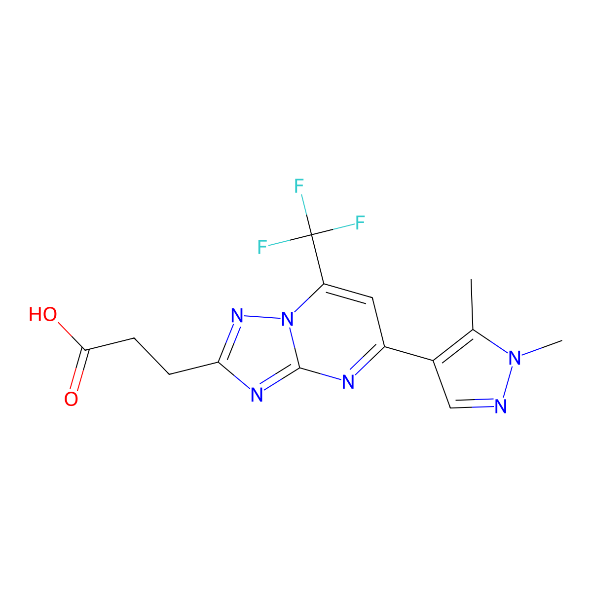 3-[5-(1,5-dimethyl-1H-pyrazol-4-yl)-7-(trifluoromethyl)[1,2,4]triazolo[1,5-a]pyrimidin-2-yl]propanoic acid molecular structure, CAS 1174878-30-8