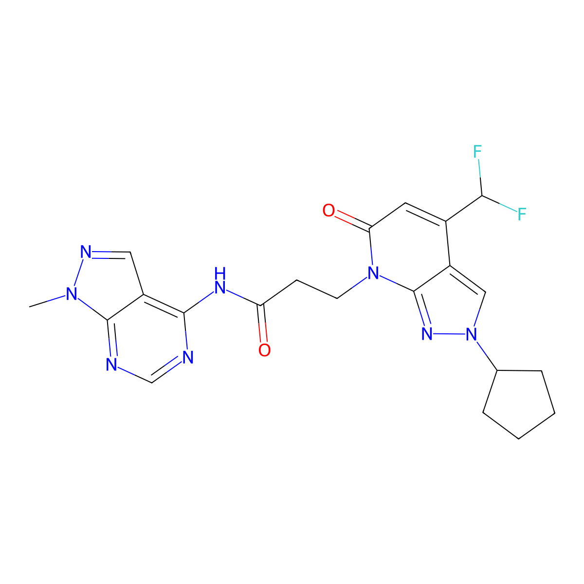 2-Cyclopentyl-4-(difluoromethyl)-2,6-dihydro-N-(1-methyl-1H-pyrazolo[3,4-d]pyrimidin-4-yl)-6-oxo-7H-pyrazolo[3,4-b]pyridine-7-propanamide molecular structure, CAS 1174880-03-5