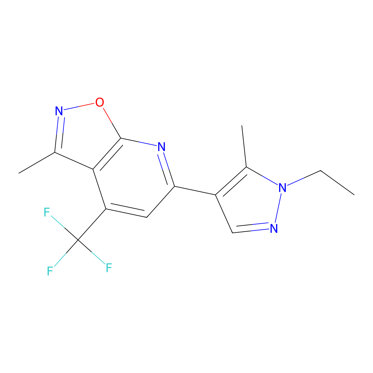 6-(1-ethyl-5-methyl-1H-pyrazol-4-yl)-3-methyl-4-(trifluoromethyl)[1,2]oxazolo[5,4-b]pyridine molecular structure, CAS 1174881-48-1