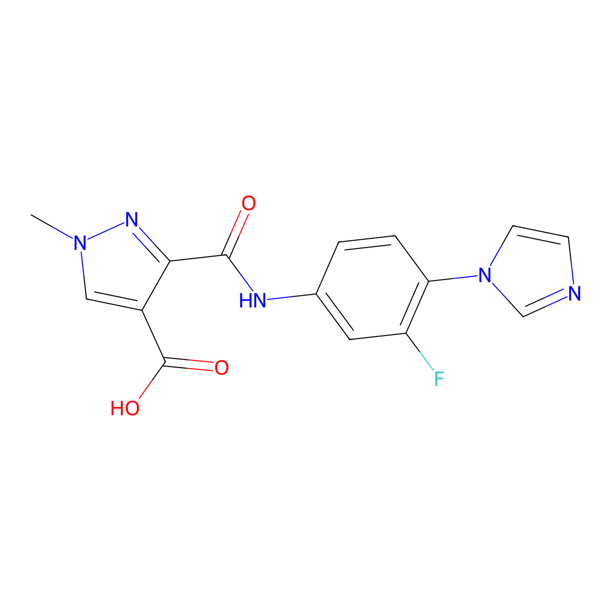3-((3-fluoro-4-(1H-imidazol-1-yl)phenyl)carbamoyl)-1-methyl-1H-pyrazole-4-carboxylic acid molecular structure, CAS 1174881-56-1