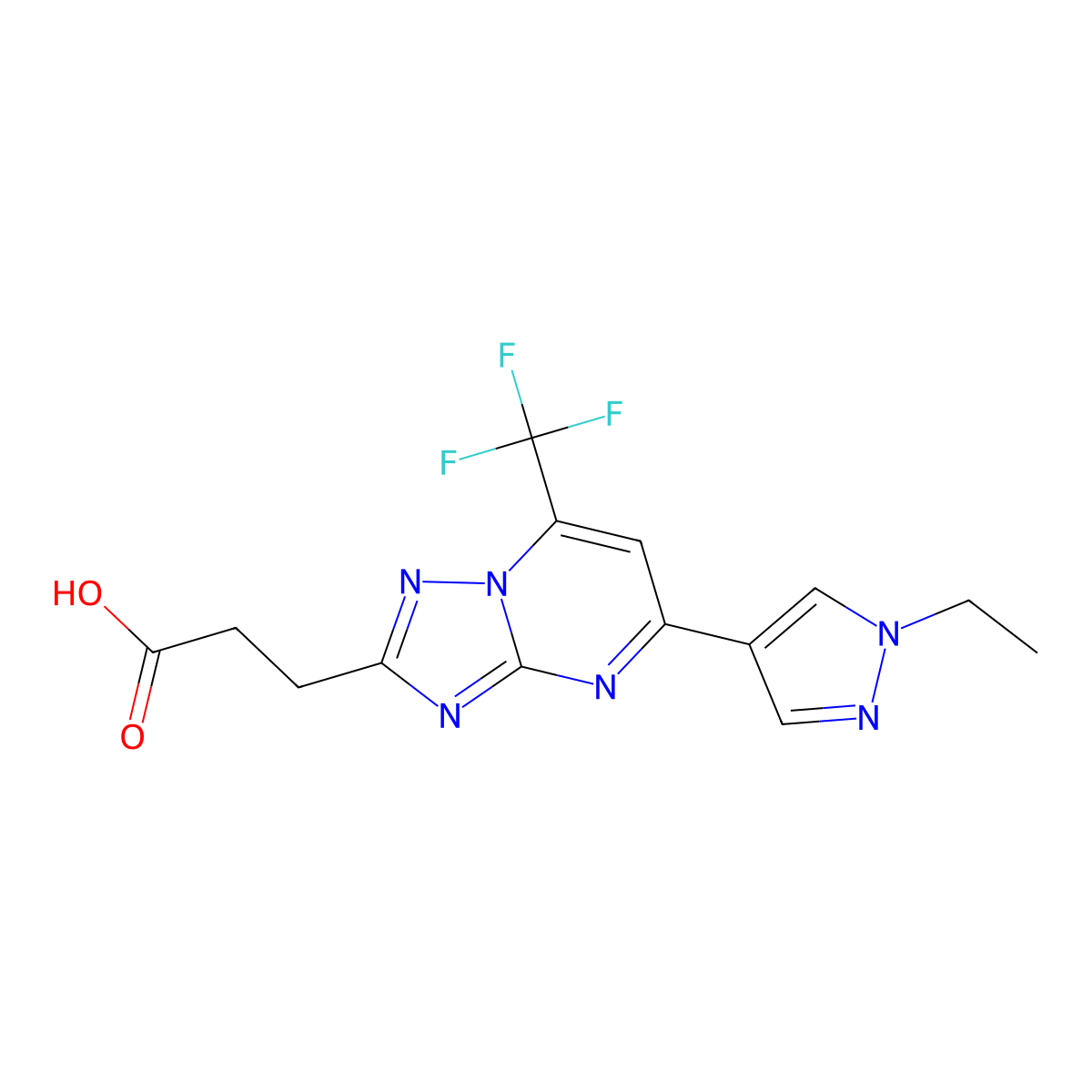 3-[5-(1-ethyl-1H-pyrazol-4-yl)-7-(trifluoromethyl)[1,2,4]triazolo[1,5-a]pyrimidin-2-yl]propanoic acid molecular structure, CAS 1174881-80-1