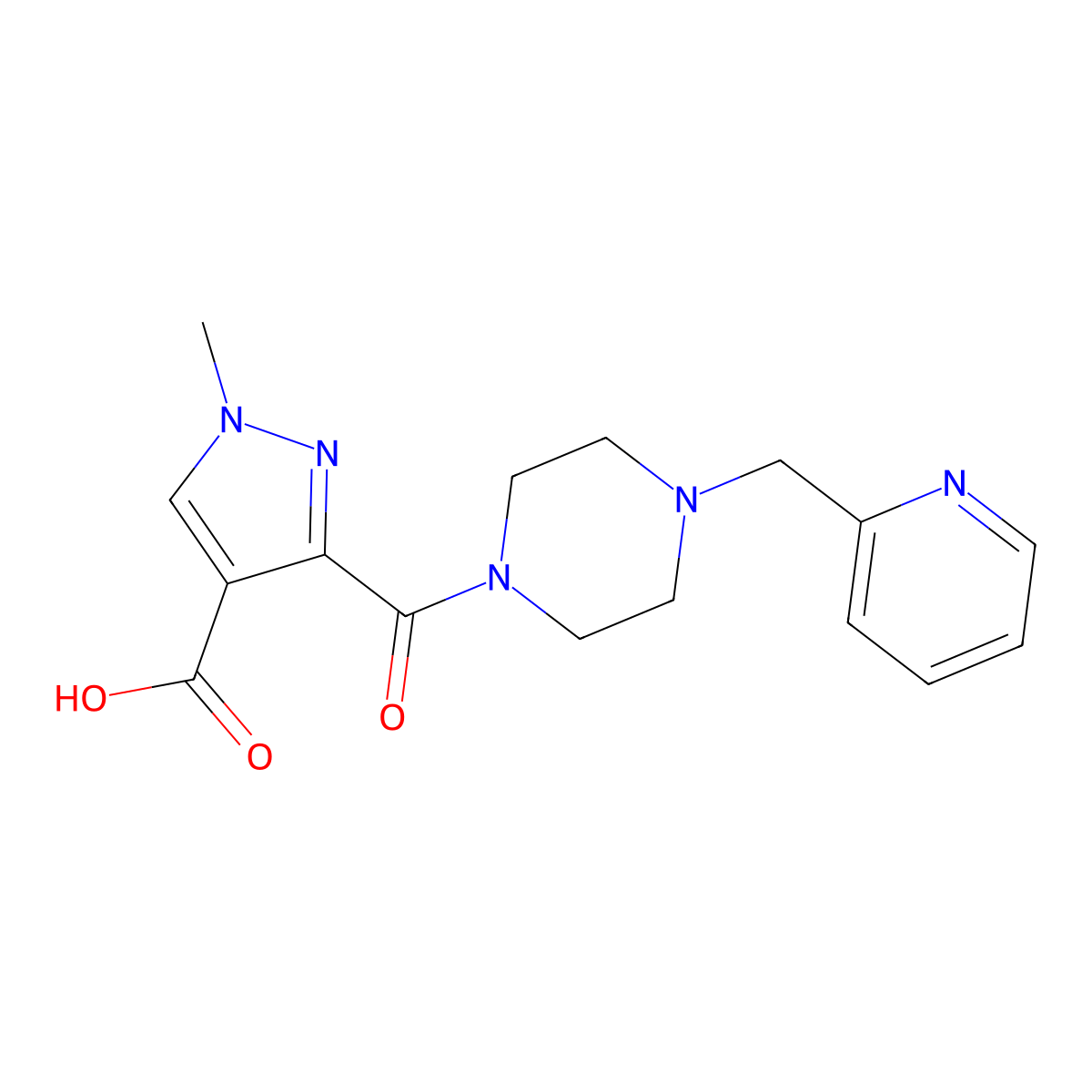 1-Methyl-3-[[4-(2-pyridinylmethyl)-1-piperazinyl]carbonyl]-1H-pyrazole-4-carboxylic acid molecular structure, CAS 1174882-05-3
