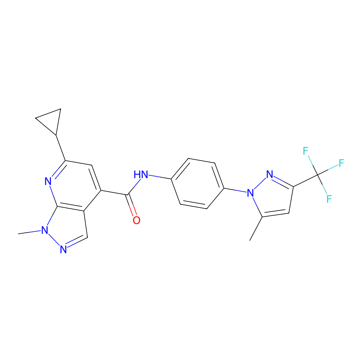 6-Cyclopropyl-1-methyl-N-[4-[5-methyl-3-(trifluoromethyl)-1H-pyrazol-1-yl]phenyl]-1H-pyrazolo[3,4-b]pyridine-4-carboxamide molecular structure, CAS 1174882-20-2