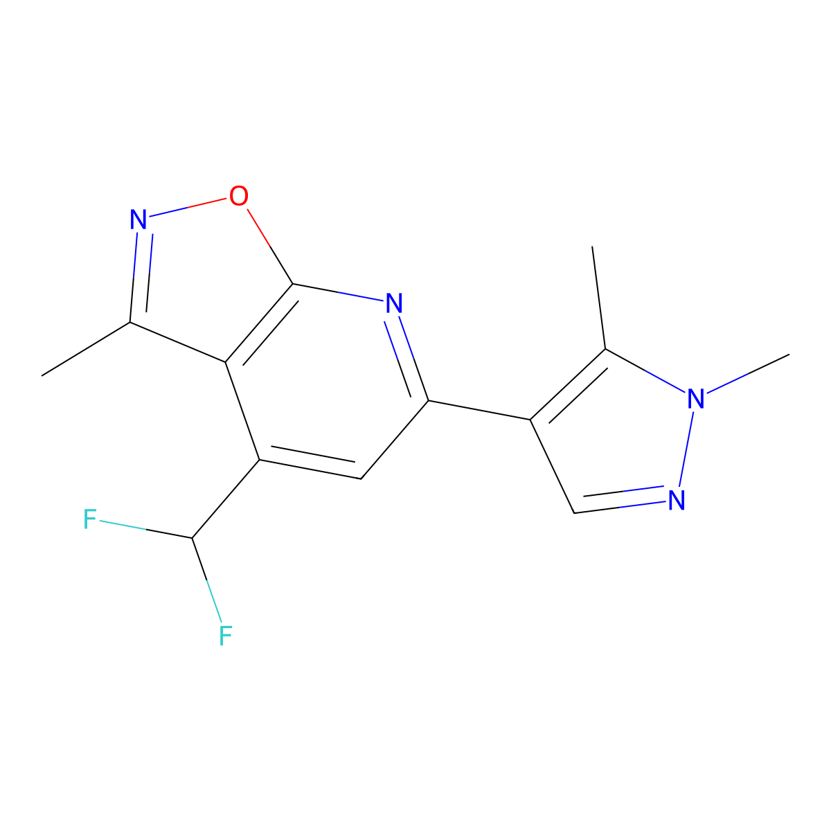 4-(difluoromethyl)-6-(1,5-dimethyl-1H-pyrazol-4-yl)-3-methyl[1,2]oxazolo[5,4-b]pyridine molecular structure, CAS 1174884-13-9