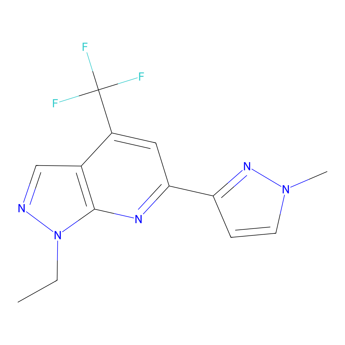 1-ethyl-6-(1-methyl-1H-pyrazol-3-yl)-4-(trifluoromethyl)-1H-pyrazolo[3,4-b]pyridine molecular structure, CAS 1174884-48-0