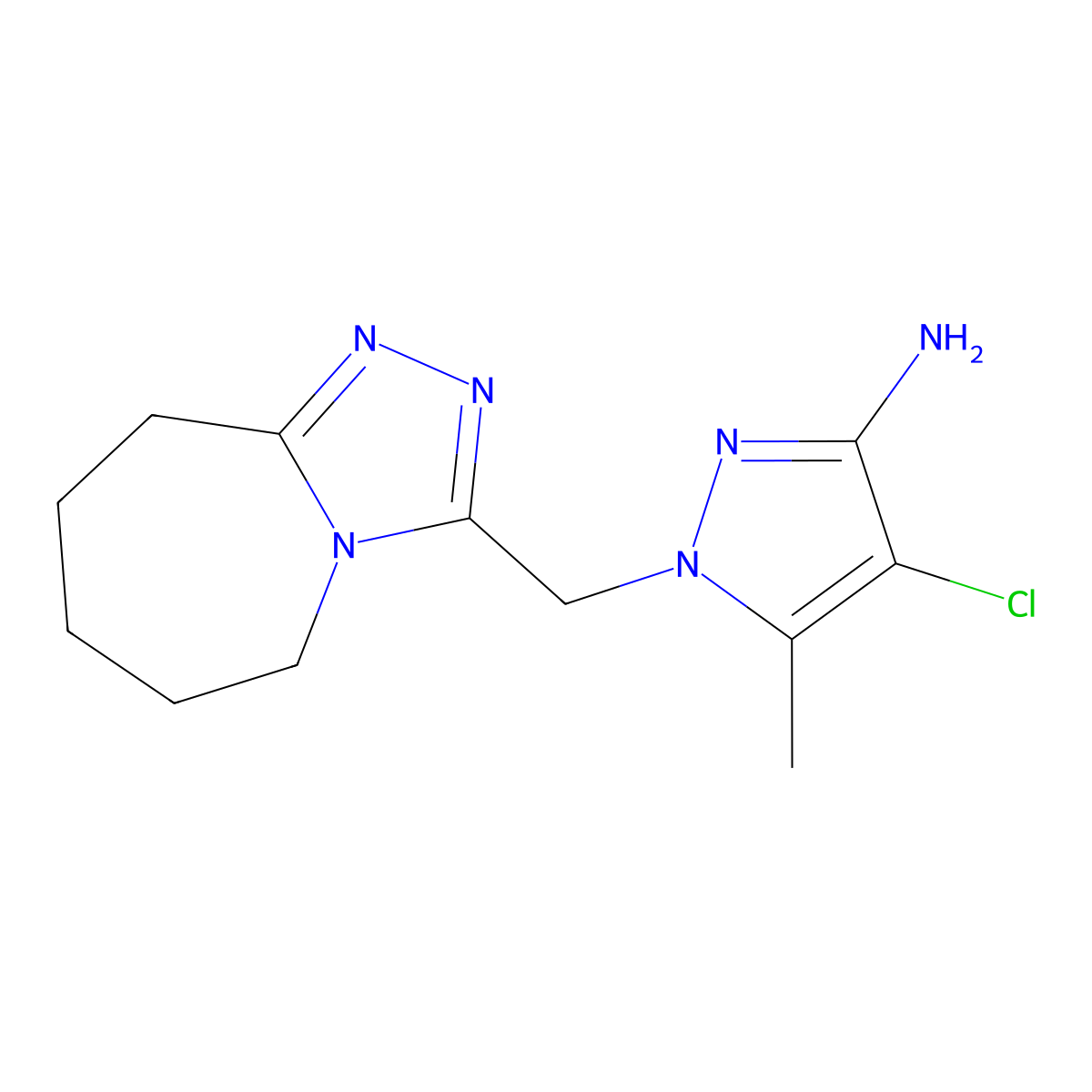 4-chloro-5-methyl-1-(6,7,8,9-tetrahydro-5H-[1,2,4]triazolo[4,3-a]azepin-3-ylmethyl)-1H-pyrazol-3-amine molecular structure, CAS 1174886-12-4