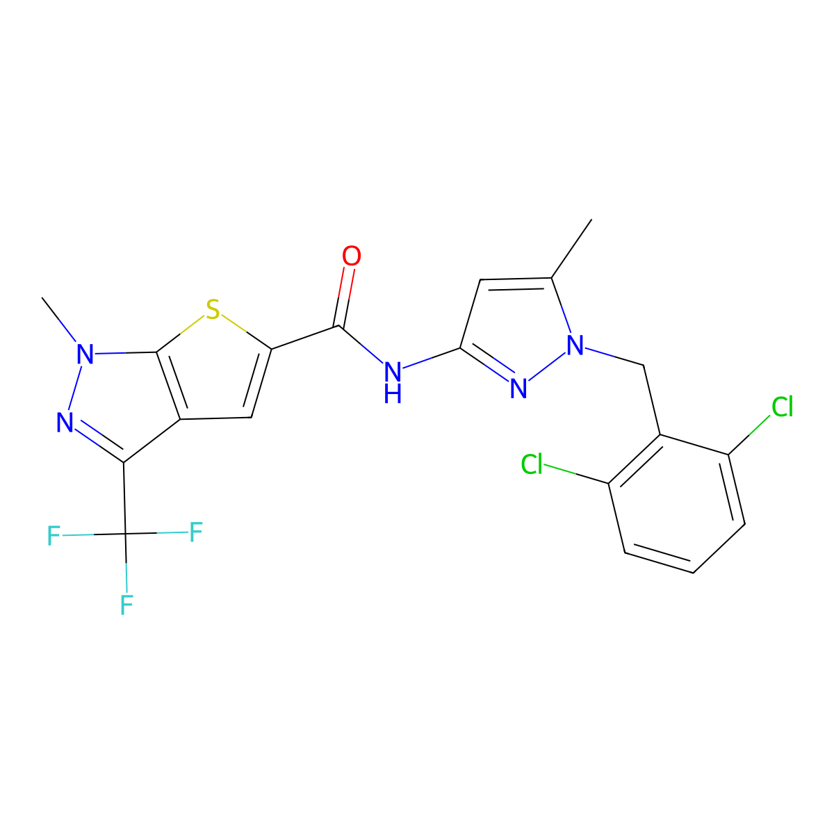 N-(1-((2,6-Dichlorophenyl)methyl)-5-methyl-1H-pyrazol-3-yl)-1-methyl-3-(trifluoromethyl)-1H-thieno(2,3-c)pyrazole-5-carboxamide molecular structure, CAS 1174886-55-5