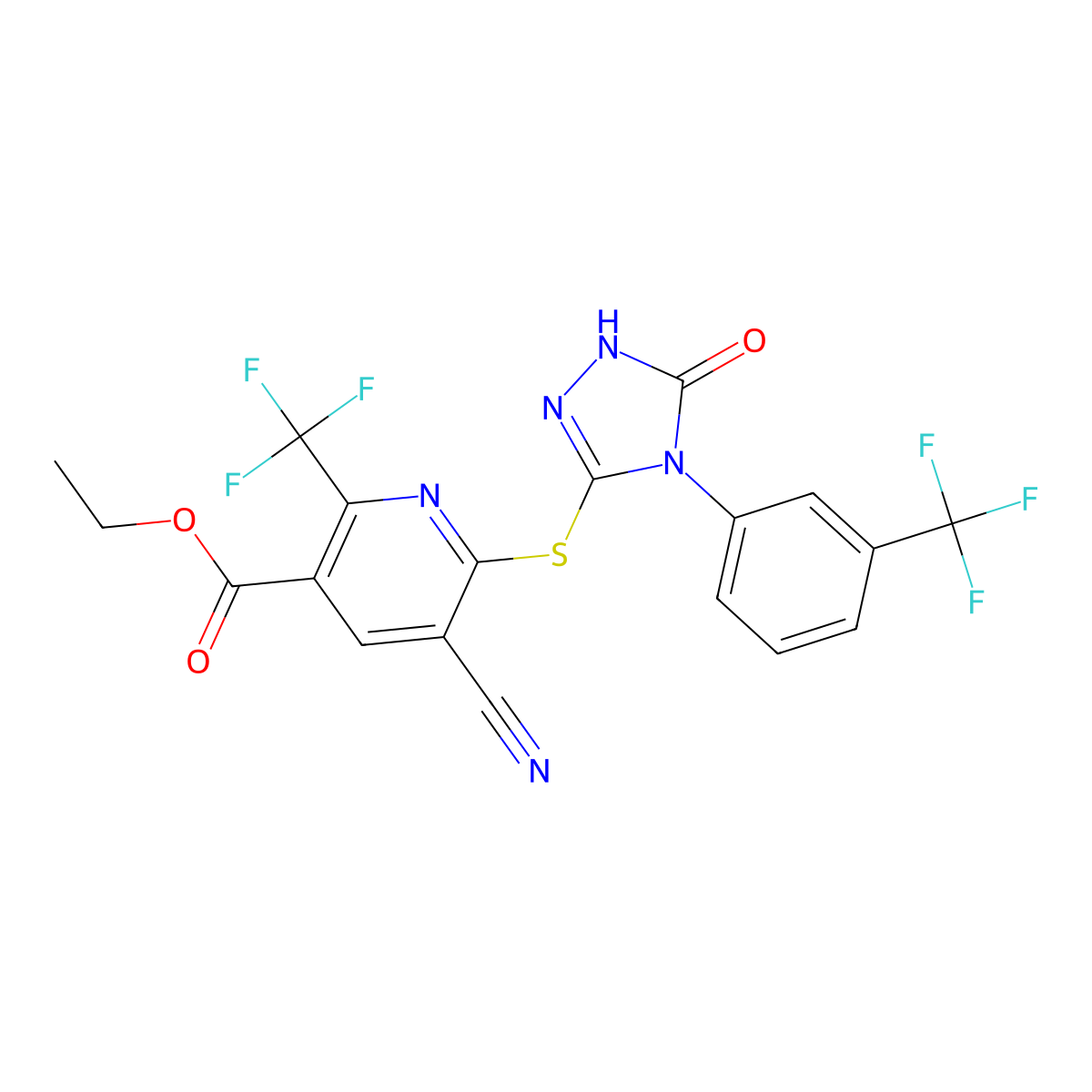 Ethyl 5-cyano-6-({4-[3-(trifluoromethyl)phenyl]-4,5-dihydro-1,2,4-triazol-5-one}thio)-2-(trifluoromethyl)nicotinate molecular structure, CAS 1174906-92-3