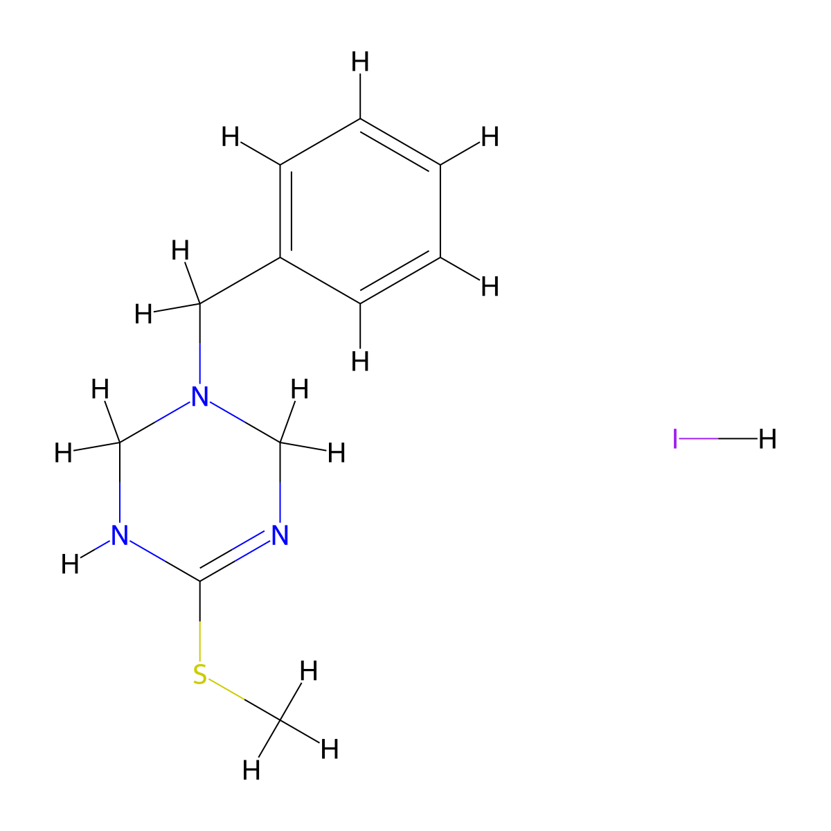 1,2,3,6-Tetrahydro-4-(methylthio)-1-(phenylmethyl)-1,3,5-triazine Hydroiodide molecular structure, CAS 1174907-03-9