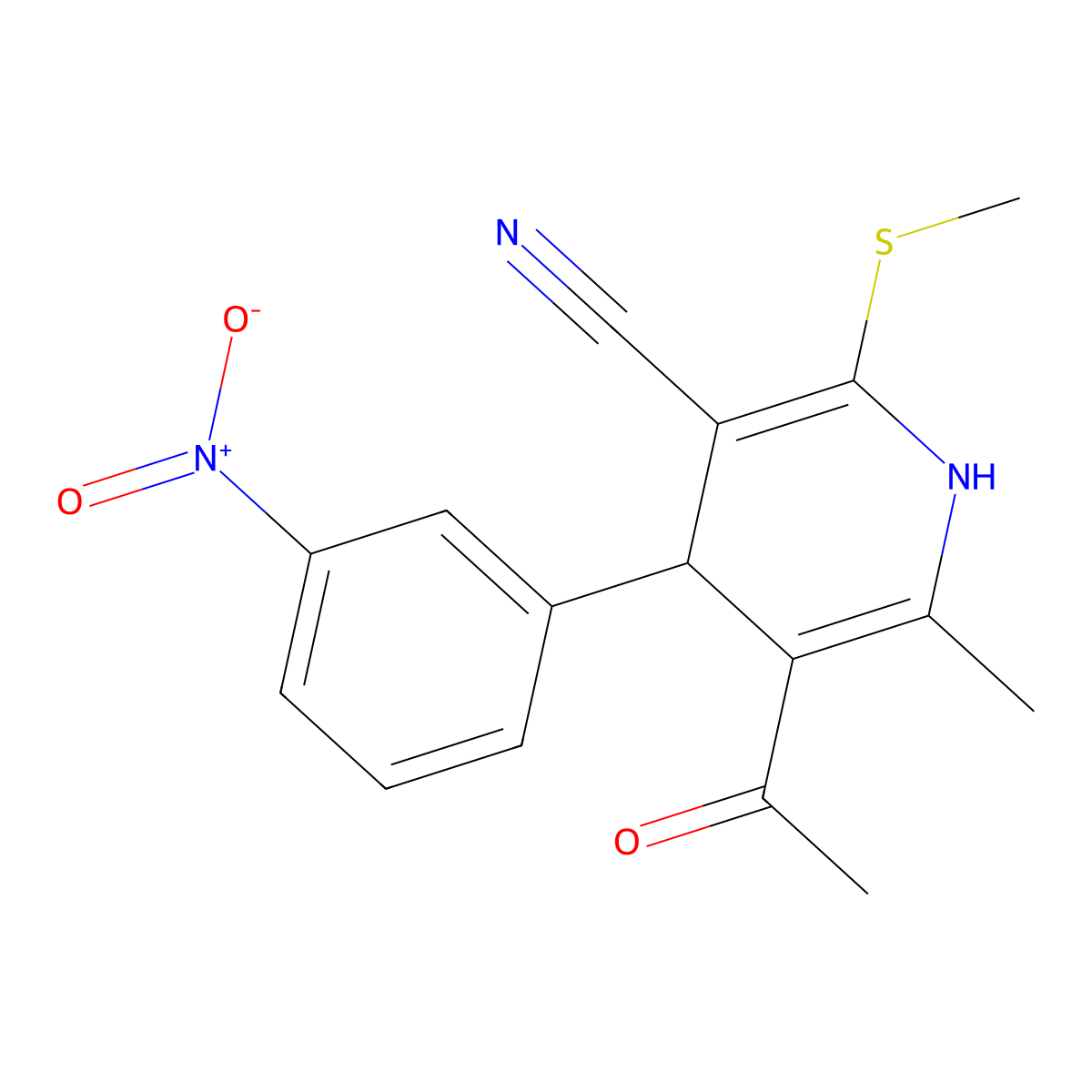 5-Acetyl-6-methyl-2-(methylsulfanyl)-4-(3-nitrophenyl)-1,4-dihydropyridine-3-carbonitrile molecular structure, CAS 117491-00-6