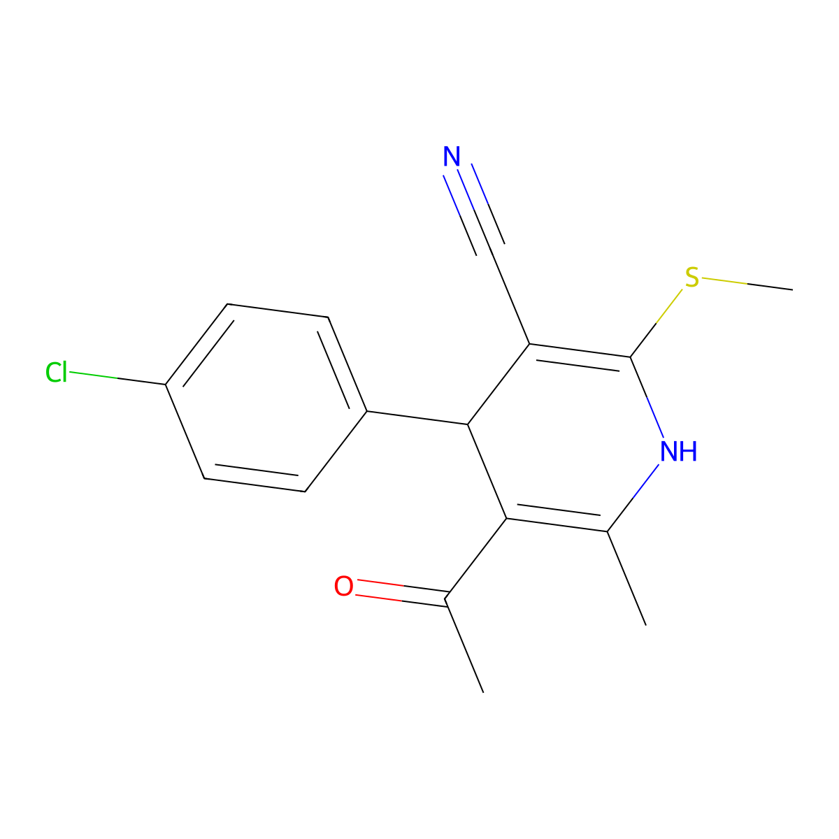 3-Pyridinecarbonitrile, 1,4-dihydro-5-acetyl-4-(4-chlorophenyl)-6-methyl-2-(methylthio)- molecular structure, CAS 117491-01-7
