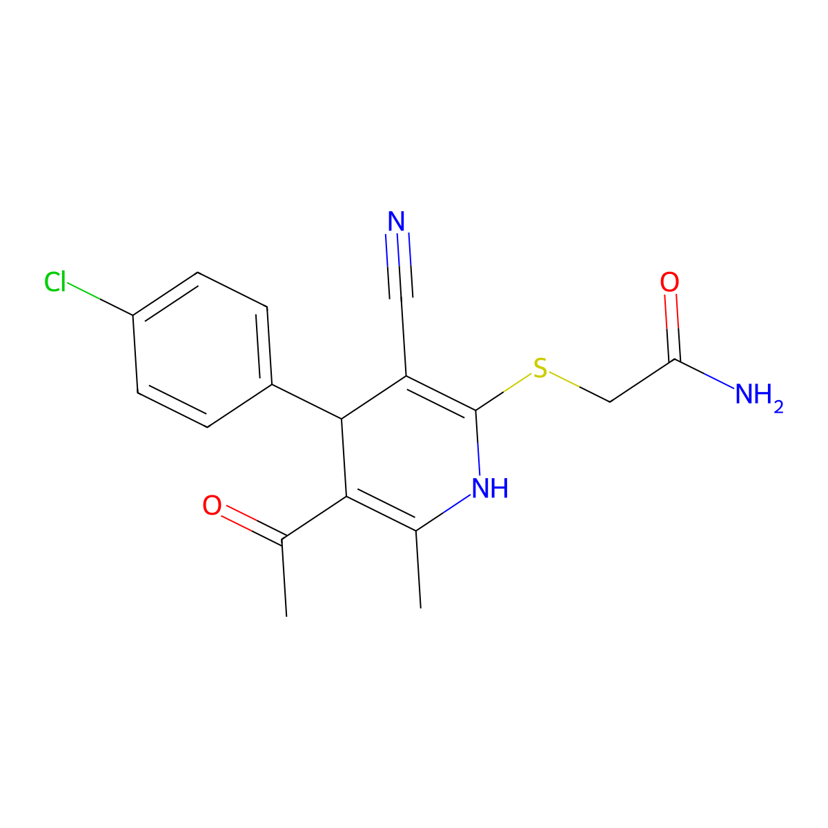 Acetamide, 2-((5-acetyl-4-(4-chlorophenyl)-3-cyano-1,4-dihydro-6-methyl-2-pyridinyl)thio)- molecular structure, CAS 117491-03-9