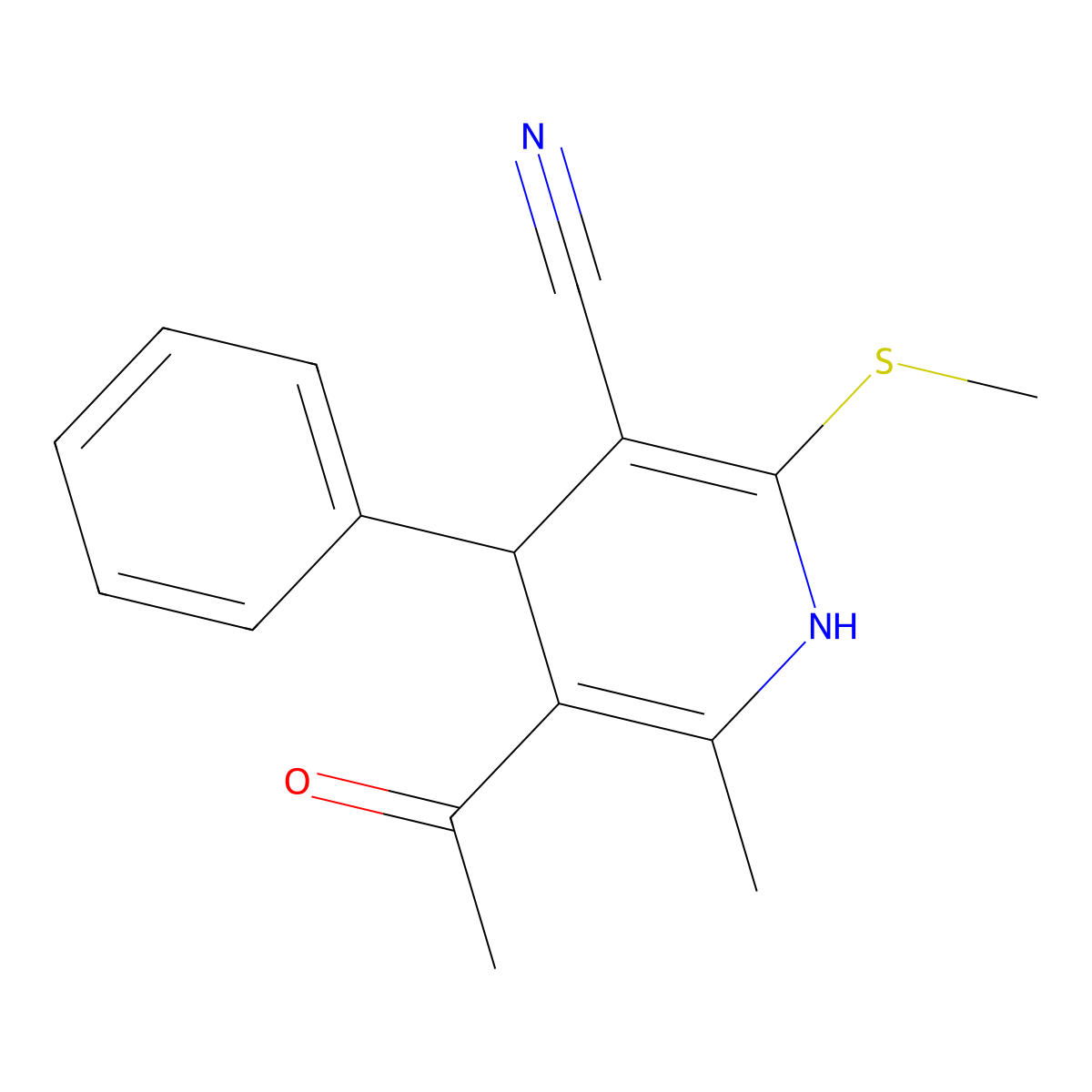 3-Pyridinecarbonitrile, 1,4-dihydro-5-acetyl-6-methyl-2-(methylthio)-4-phenyl- molecular structure, CAS 117509-71-4