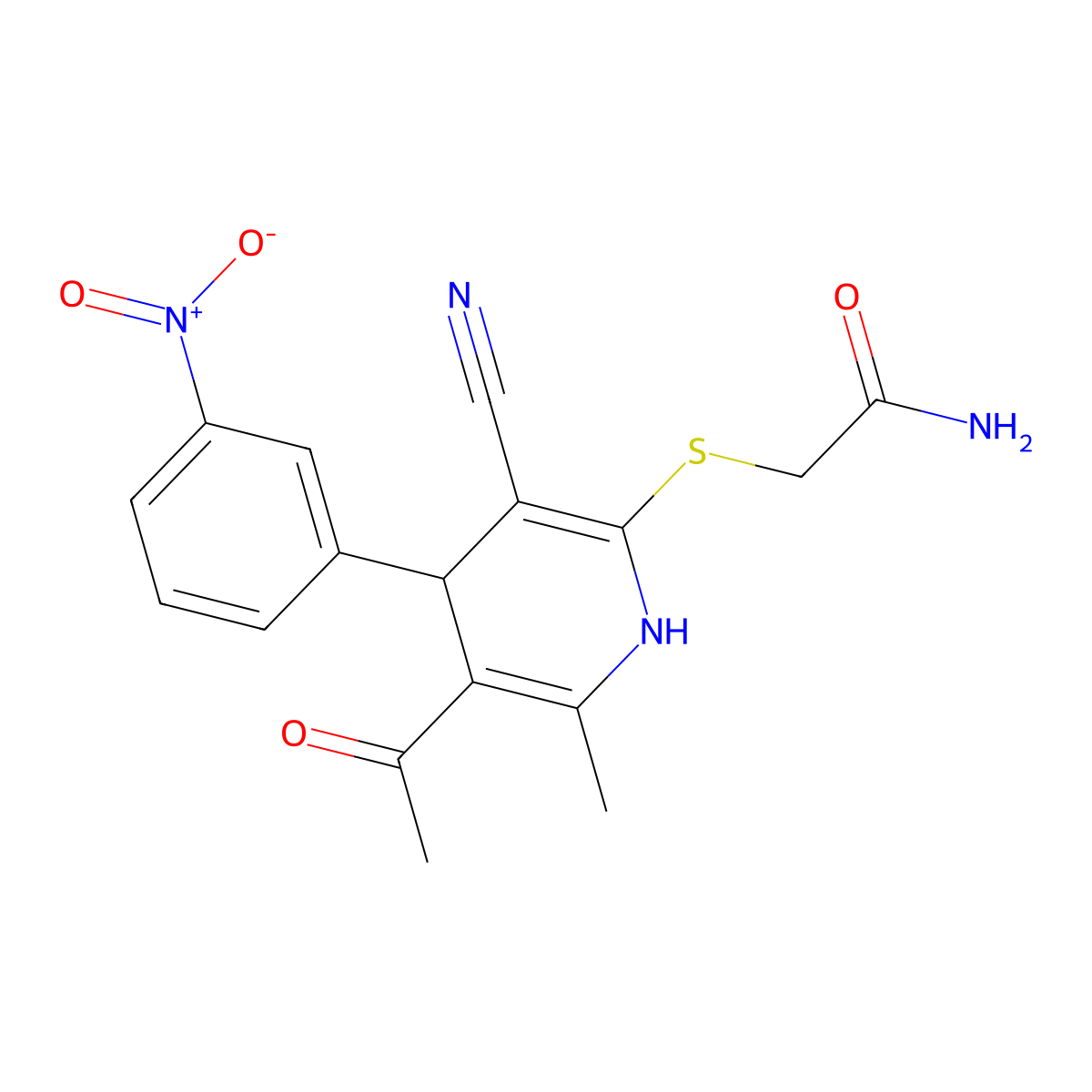 Acetamide, 2-((5-acetyl-3-cyano-1,4-dihydro-6-methyl-4-(3-nitrophenyl)-2-pyridinyl)thio)- molecular structure, CAS 117509-73-6