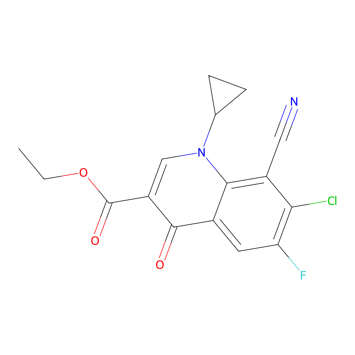 Ethyl 7-chloro-8-cyano-1-cyclopropyl-6-fluoro-4-oxo-1,4-dihydroquinoline-3-carboxylate molecular structure, CAS 117528-64-0