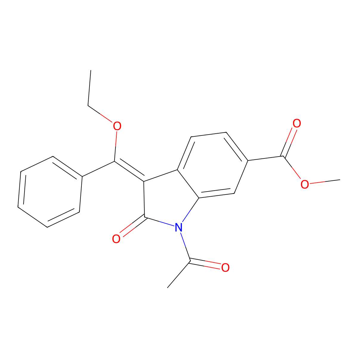 1-Acetyl-3-(1-ethoxy-1-phenylmethylene)-6-methoxycarbonyl-2-indolinone molecular structure, CAS 1175365-43-1