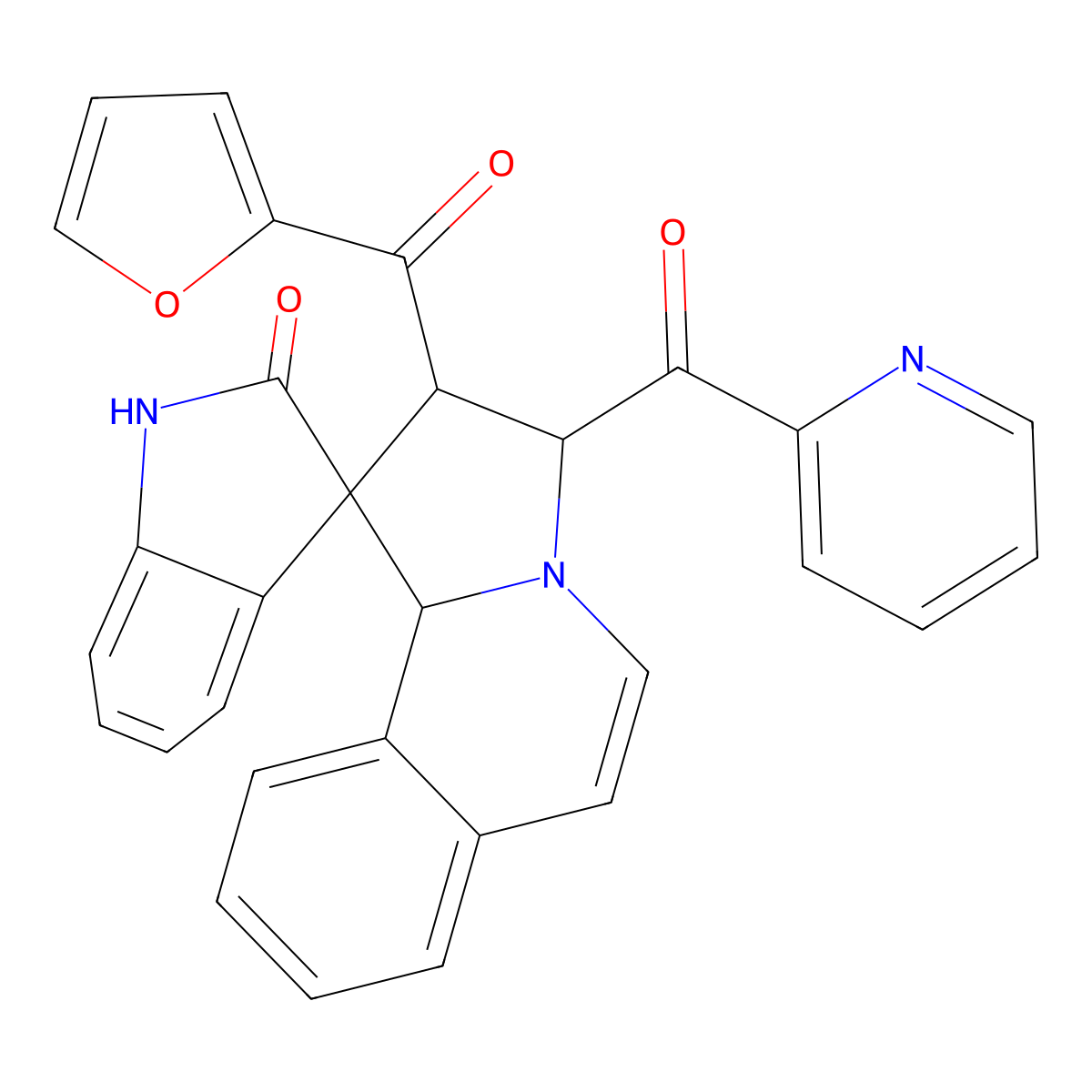 (2'S,3S,3'S,10'bR)-2'-(furan-2-carbonyl)-3'-(pyridine-2-carbonyl)spiro[1H-indole-3,1'-3,10b-dihydro-2H-pyrrolo[2,1-a]isoquinoline]-2-one molecular structure, CAS 1175676-20-6