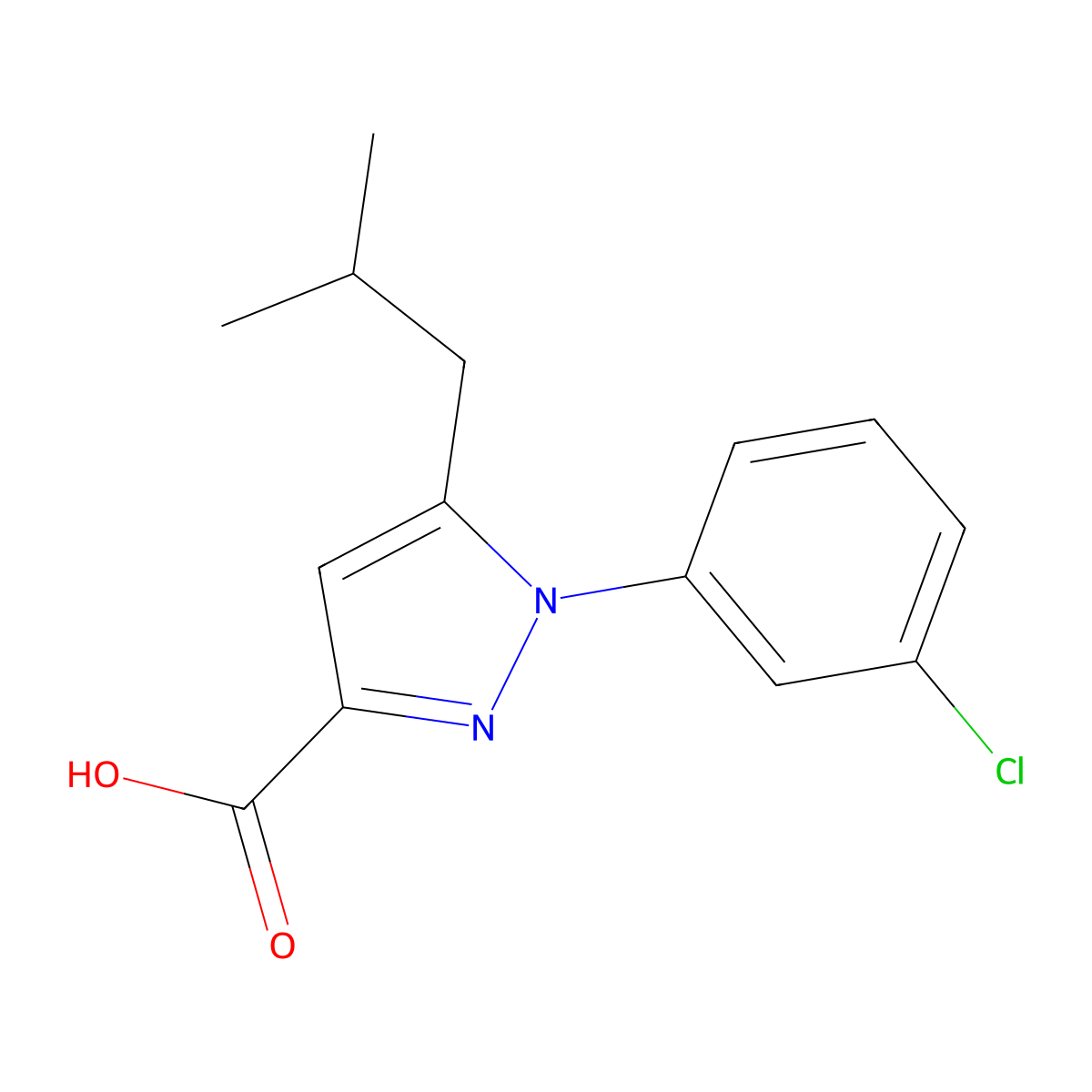 1-(3-chlorophenyl)-5-(2-methylpropyl)-1H-pyrazole-3-carboxylic acid molecular structure, CAS 1175706-66-7