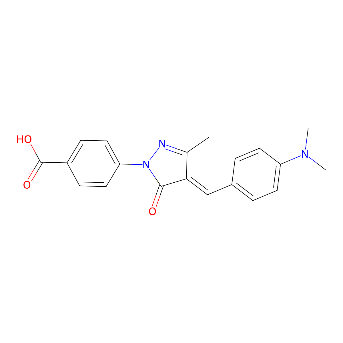 (4-(4-(4-Dimethylaminobenzyliden-1-yl)-3-methyl-5-oxo-2-pyrazolin-1-yl)benzoic acid molecular structure, CAS 117573-89-4